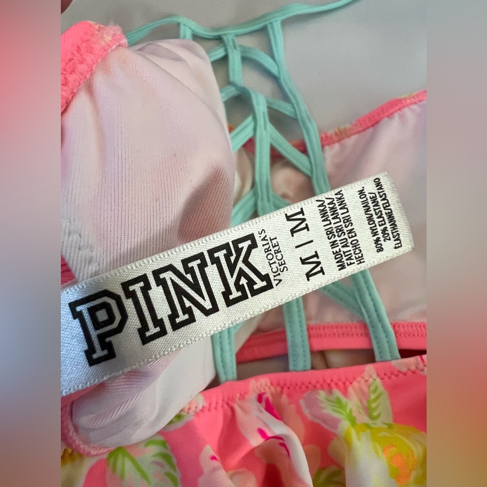 M VICTORIA’s SECRET SWIM lattice cage back bright ruffle floral roses bikini TOP